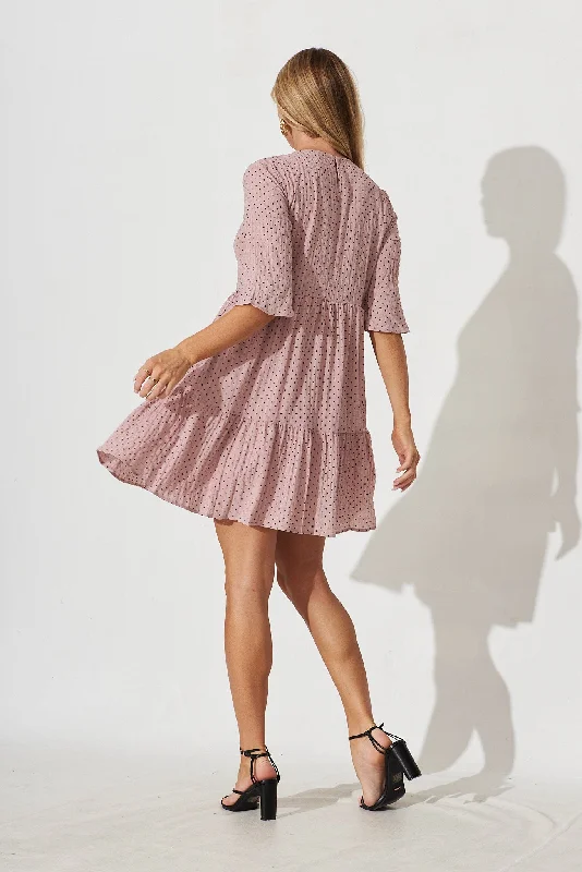 Kiyana Smock Dress In Pink With Black Dot