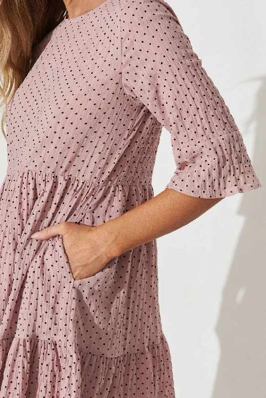 Kiyana Smock Dress In Pink With Black Dot