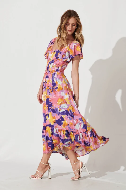 Lilith Midi Dress In Pink And Purple Print