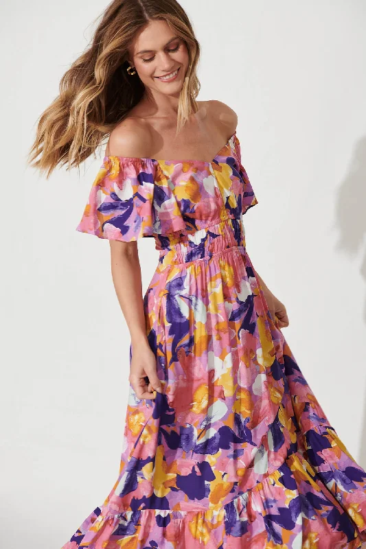 Lilith Midi Dress In Pink And Purple Print