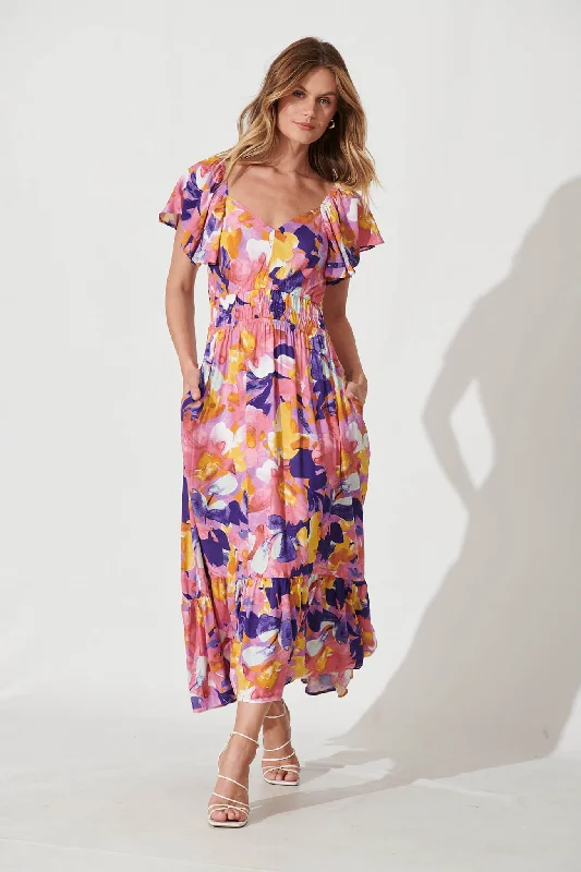 Lilith Midi Dress In Pink And Purple Print