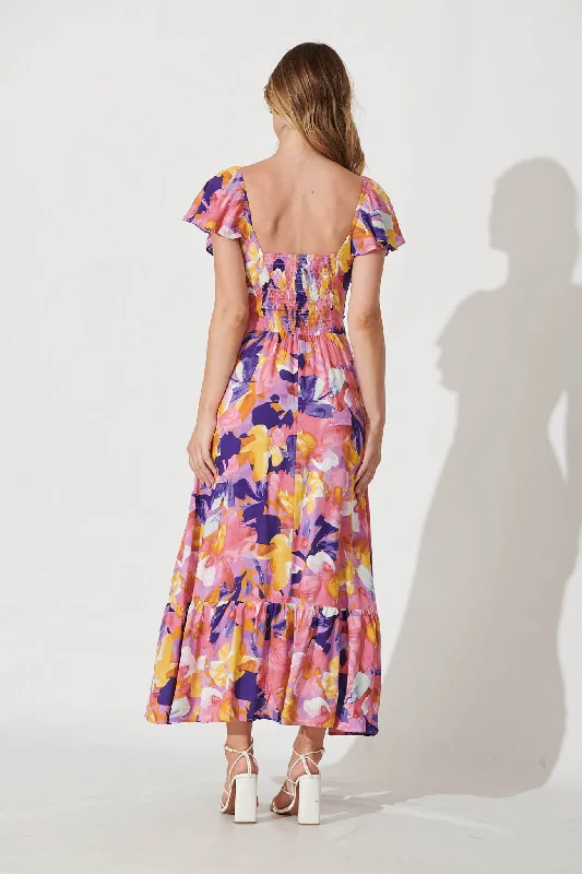 Lilith Midi Dress In Pink And Purple Print