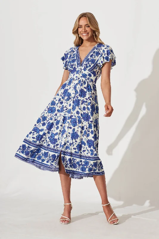 Lively Midi Dress In Cream With Blue Floral Border Print