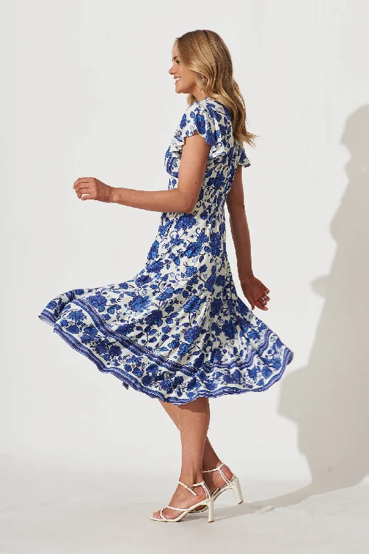 Lively Midi Dress In Cream With Blue Floral Border Print