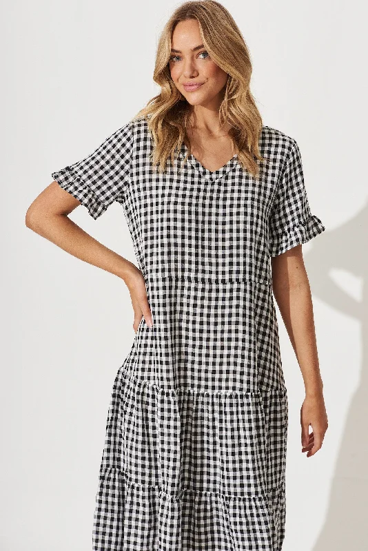 Louisa Midi Smock Dress In Black And White Gingham Cotton Blend