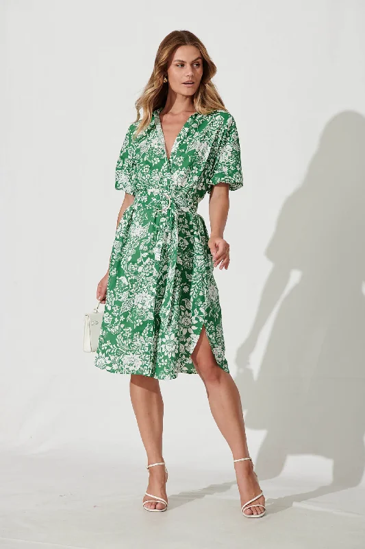 March Midi Shirt Dress In Green And White Floral Cotton