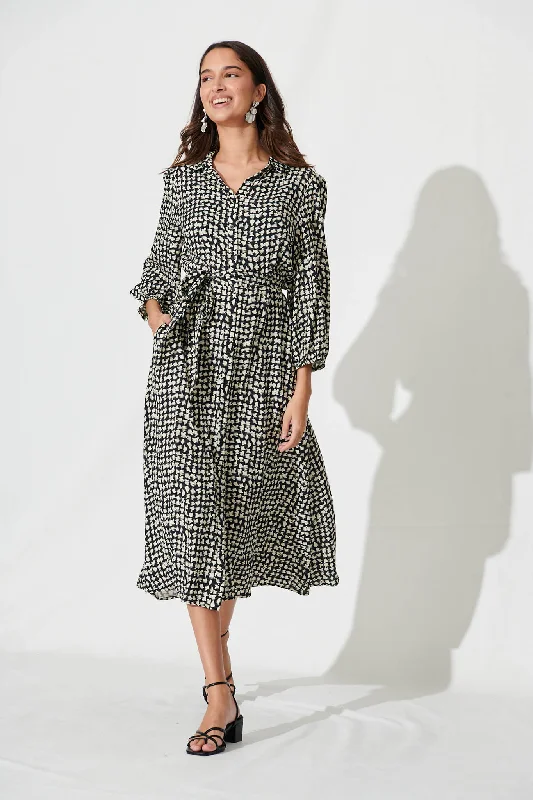 Martinez Midi Shirt Dress In Black With Cream Print