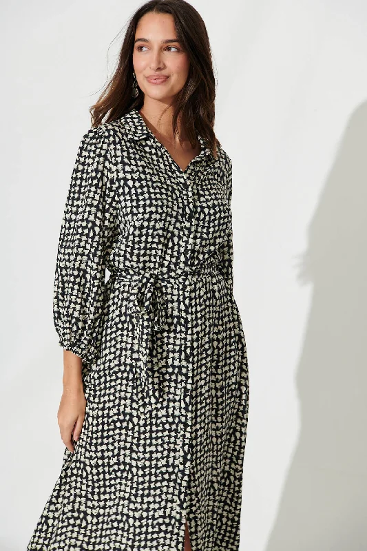 Martinez Midi Shirt Dress In Black With Cream Print