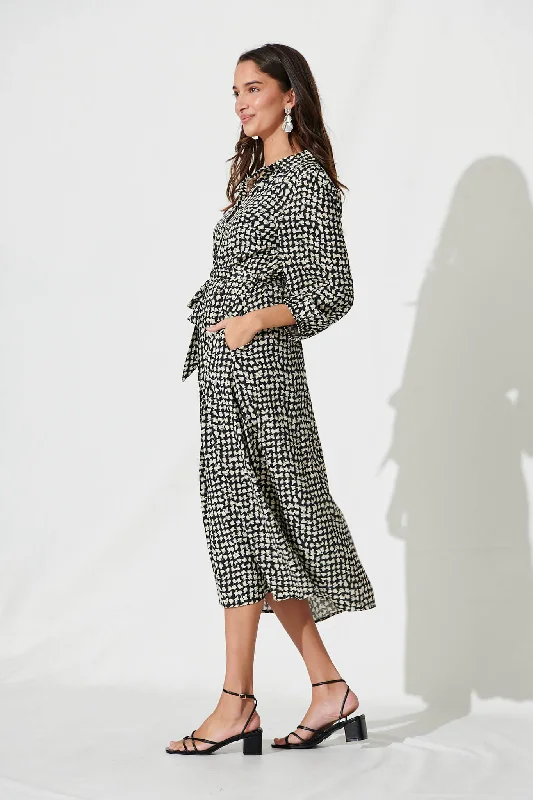 Martinez Midi Shirt Dress In Black With Cream Print