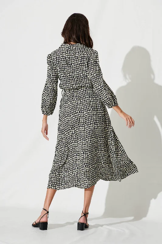 Martinez Midi Shirt Dress In Black With Cream Print