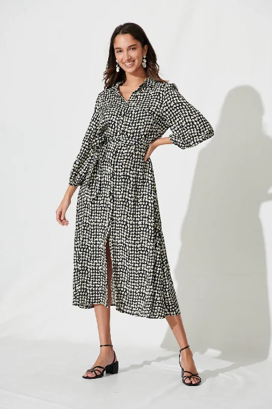 Martinez Midi Shirt Dress In Black With Cream Print