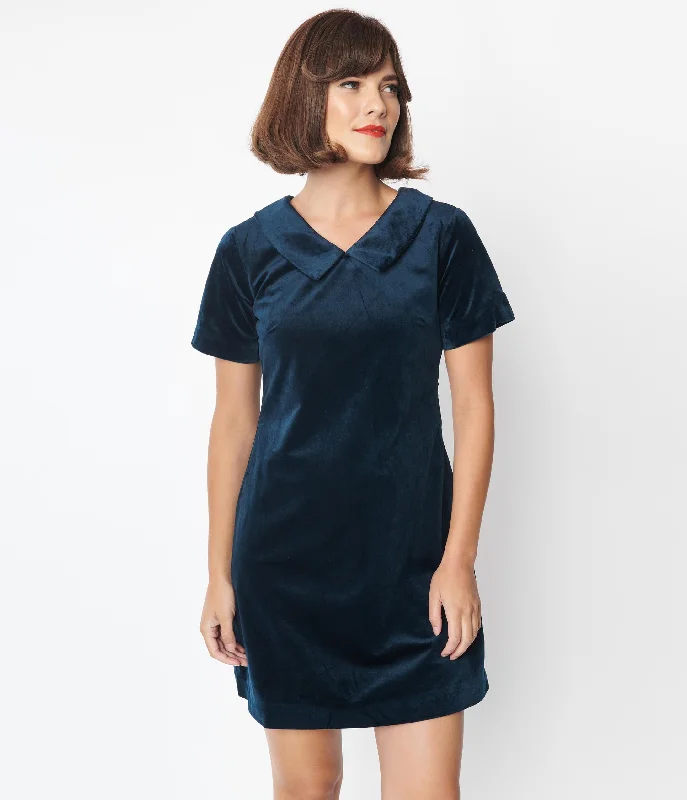 Navy Velvet Collared Shift Dress