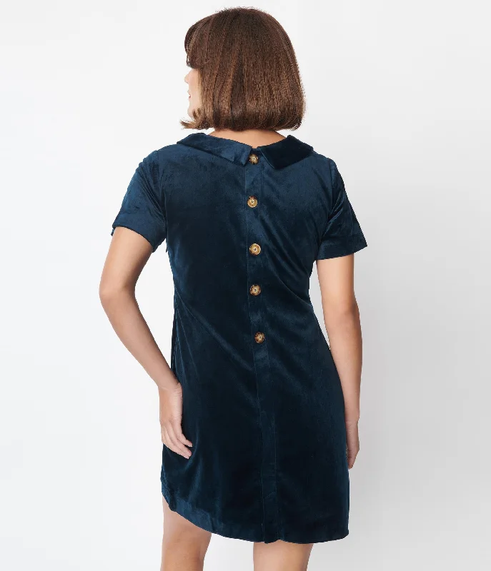 Navy Velvet Collared Shift Dress