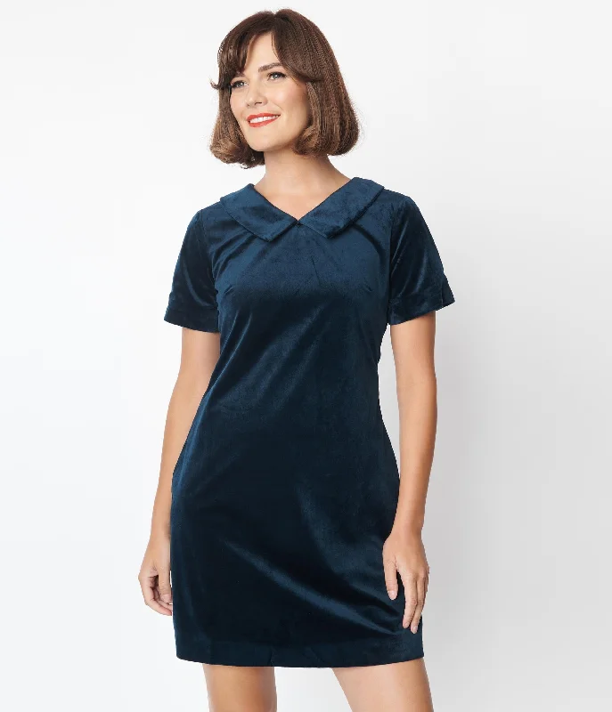 Navy Velvet Collared Shift Dress