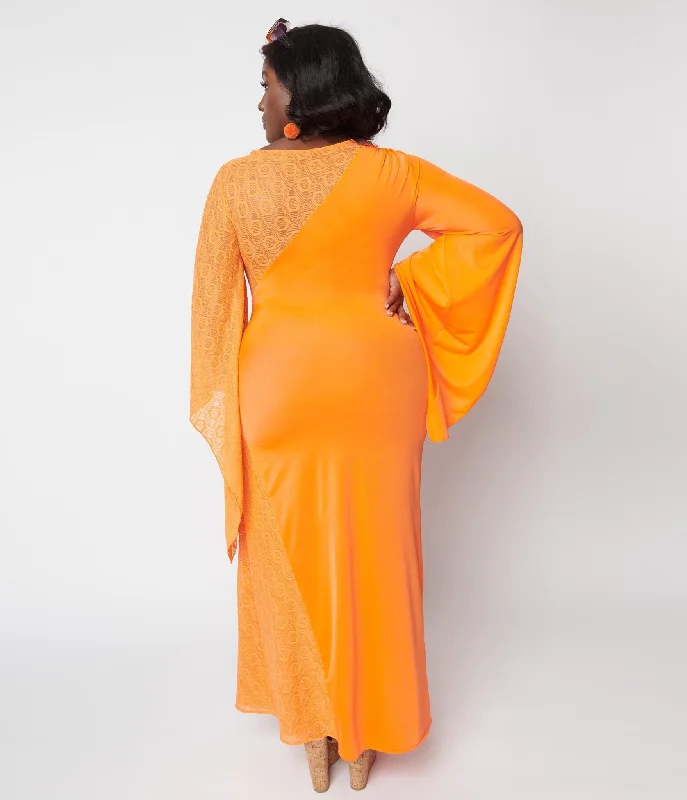 1970s Neon Orange Lace Maxi Dress