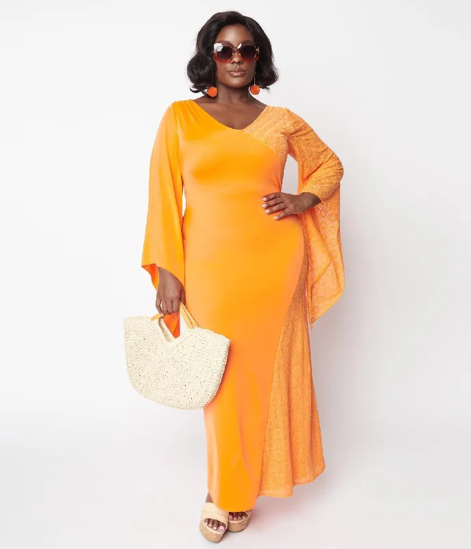 1970s Neon Orange Lace Maxi Dress