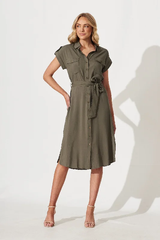 Nirvana Midi Shirt Dress In Khaki