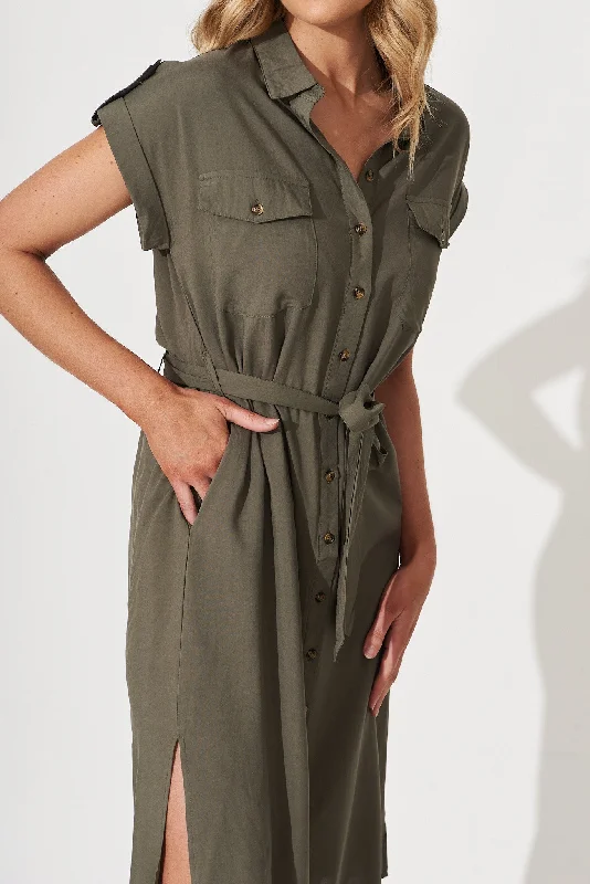 Nirvana Midi Shirt Dress In Khaki