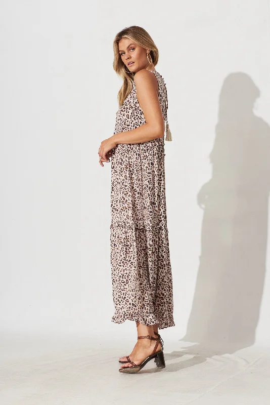 Norina Maxi Smock Dress In Beige With Leopard Print