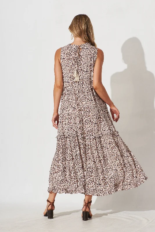 Norina Maxi Smock Dress In Beige With Leopard Print