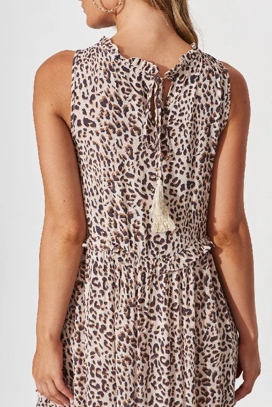 Norina Maxi Smock Dress In Beige With Leopard Print