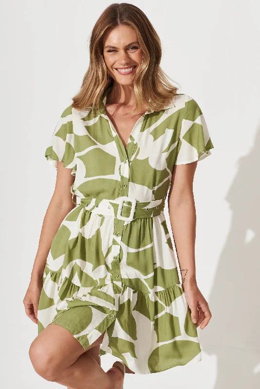 Notting Hill Shirt Dress In Olive And Cream Geometric Print