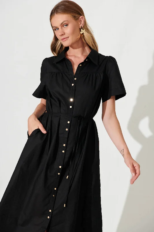 Oatland Midi Shirt Dress In Black Cotton Linen