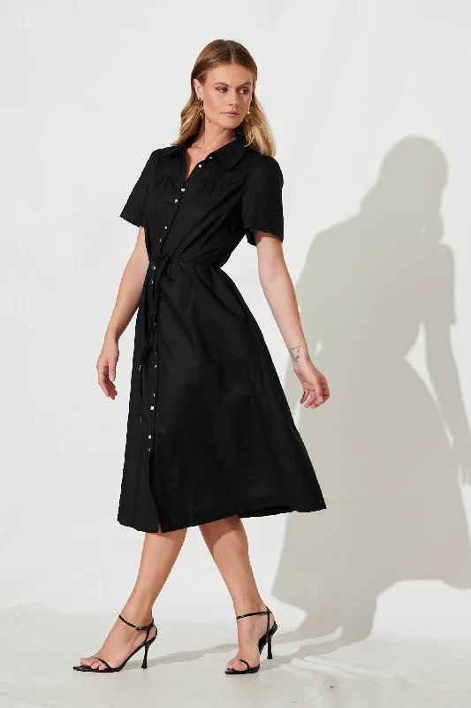 Oatland Midi Shirt Dress In Black Cotton Linen