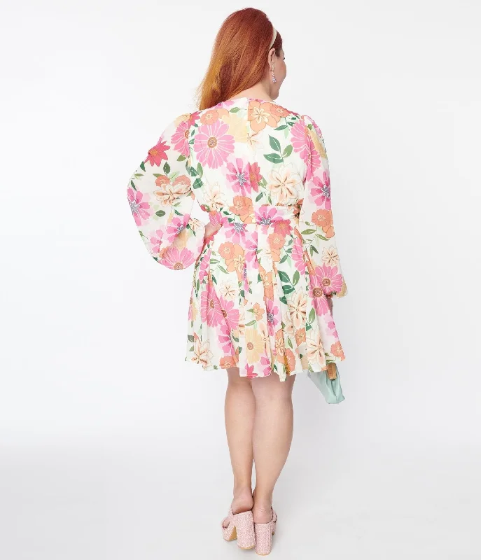 Plus Size Cream & Pink Floral Mini Dress