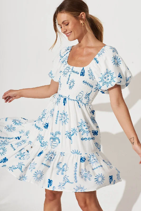 Poolside Dress In White With Blue Sun Print