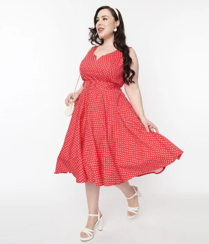 Red & White Floral Dot Belted Swing Dress