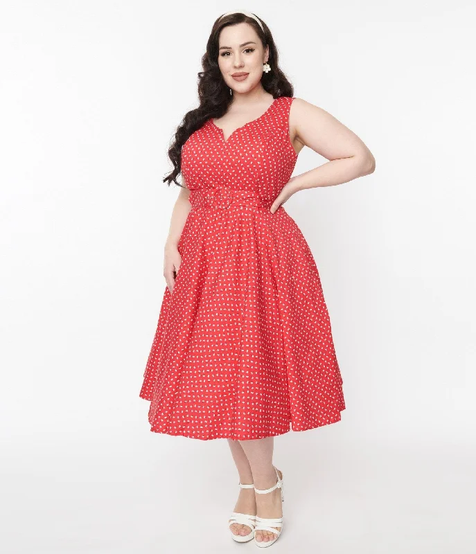 Red & White Floral Dot Belted Swing Dress