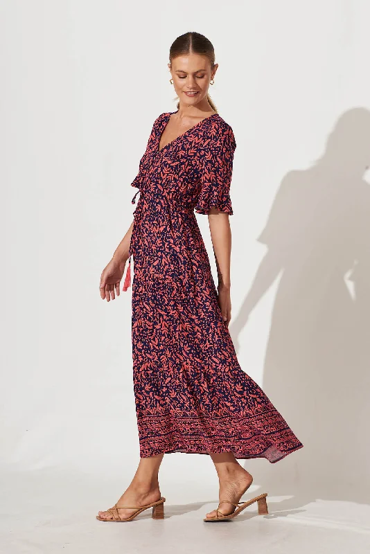 Refresh Maxi Dress In Navy With Coral Border Print