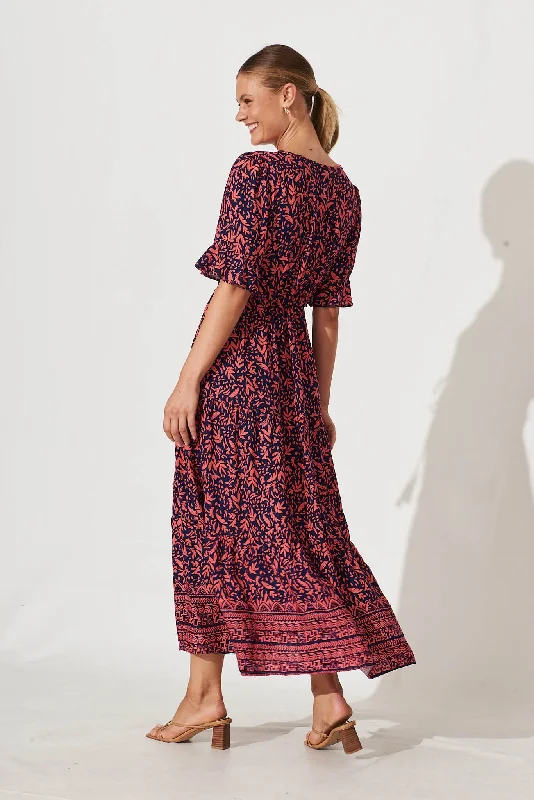 Refresh Maxi Dress In Navy With Coral Border Print