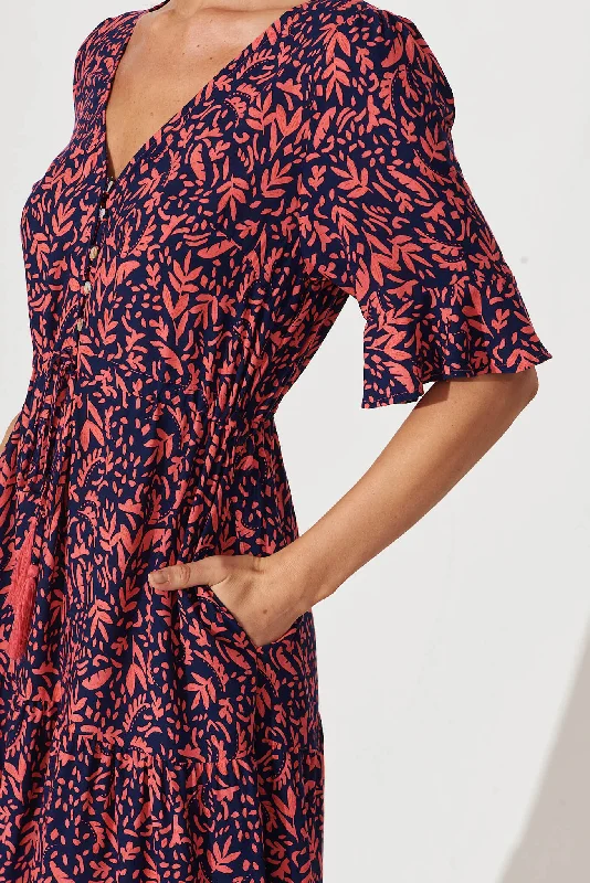 Refresh Maxi Dress In Navy With Coral Border Print