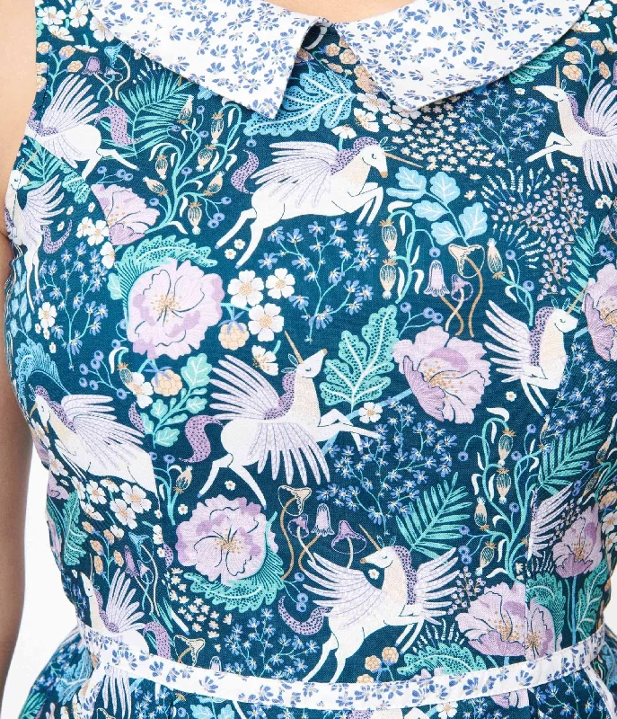 Retrolicious Blue Pegasus & Floral Flare Dress