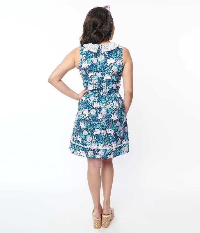 Retrolicious Blue Pegasus & Floral Flare Dress