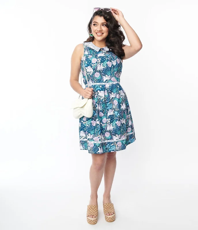 Retrolicious Blue Pegasus & Floral Flare Dress