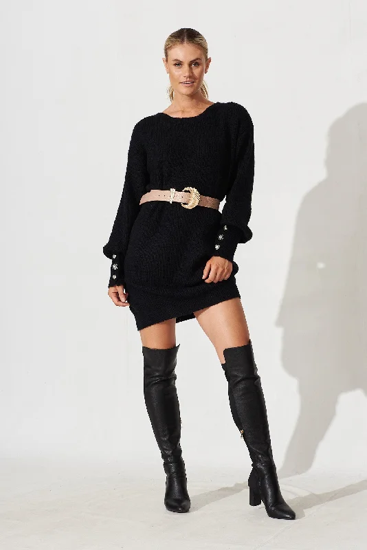 Riseley Knit Dress In Black Wool Blend With Lace Trim