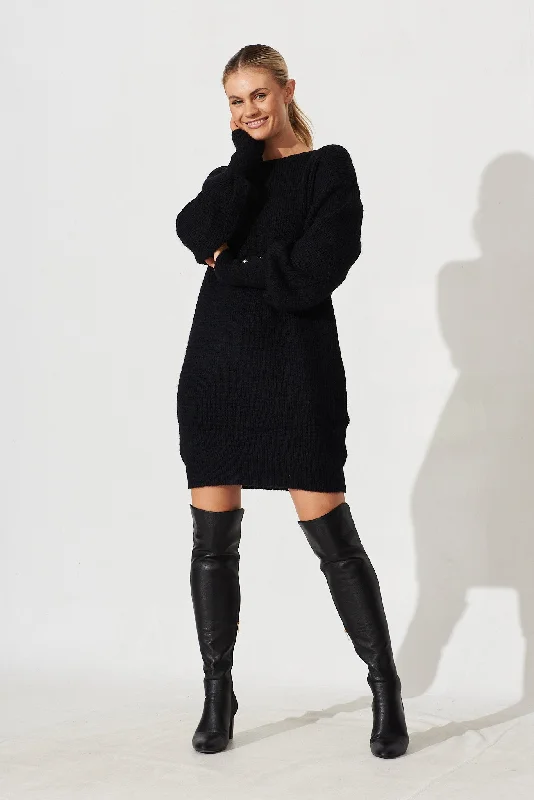 Riseley Knit Dress In Black Wool Blend With Lace Trim