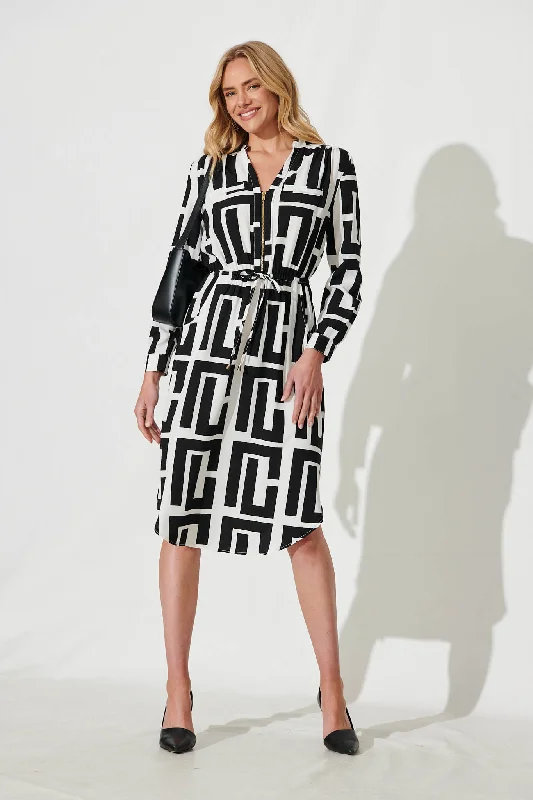 Rival Zip Dress In Black And White Geometric Print