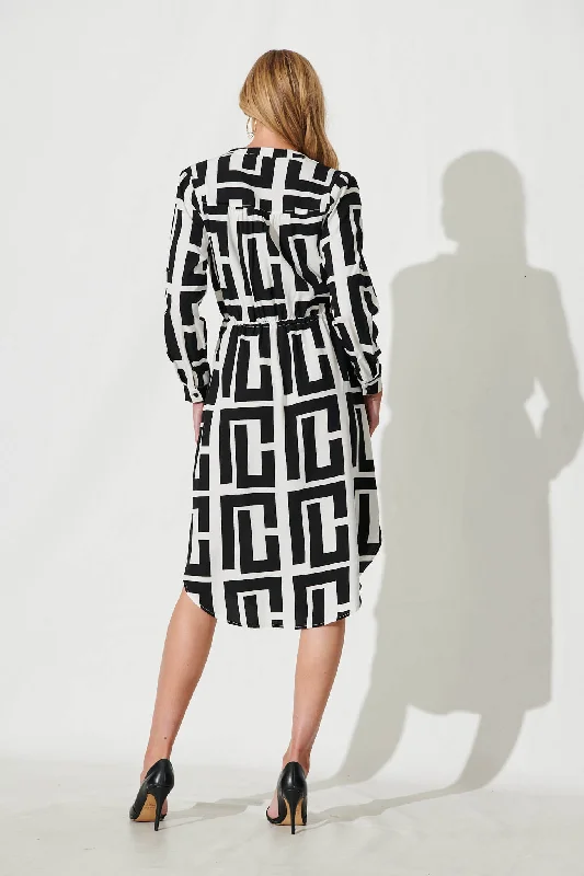 Rival Zip Dress In Black And White Geometric Print