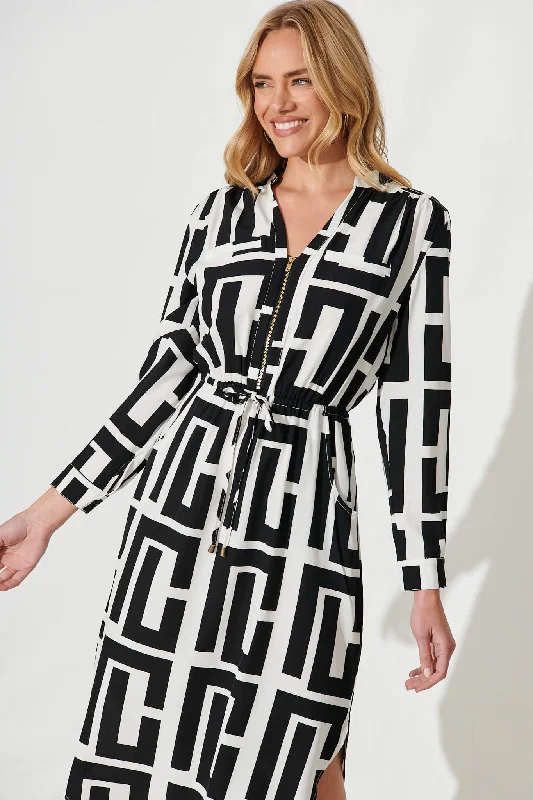 Rival Zip Dress In Black And White Geometric Print