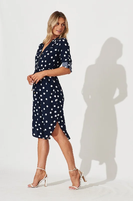 Rival Zip Dress In Navy With White Polka Dot