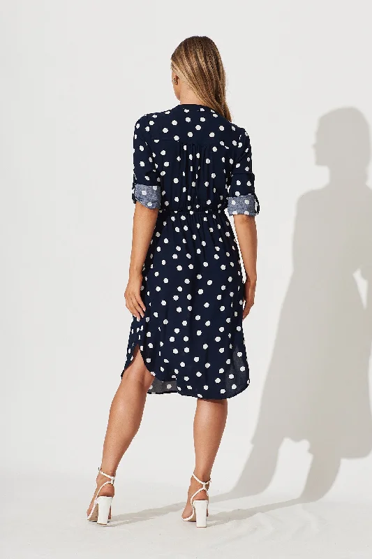 Rival Zip Dress In Navy With White Polka Dot