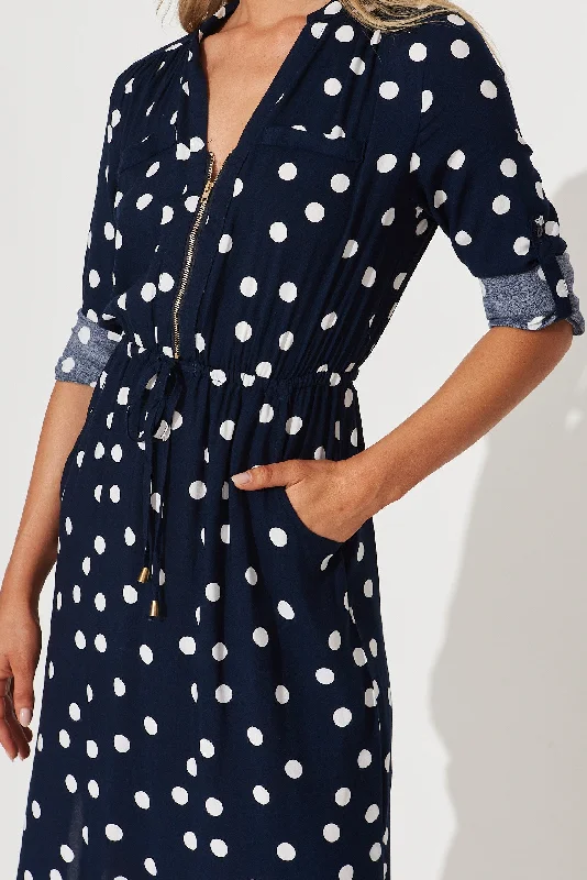 Rival Zip Dress In Navy With White Polka Dot