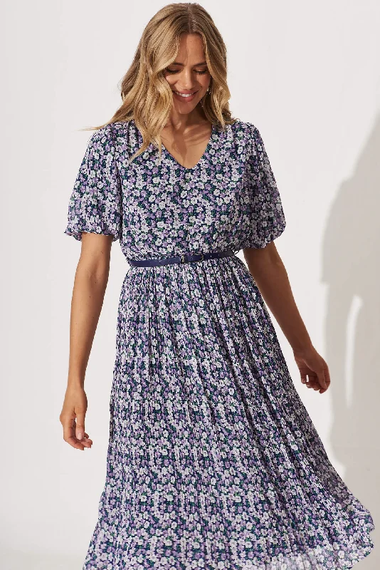 Rosalina Midi Dress With Belt In Multi Blue Floral