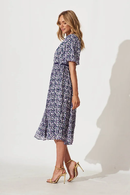 Rosalina Midi Dress With Belt In Multi Blue Floral