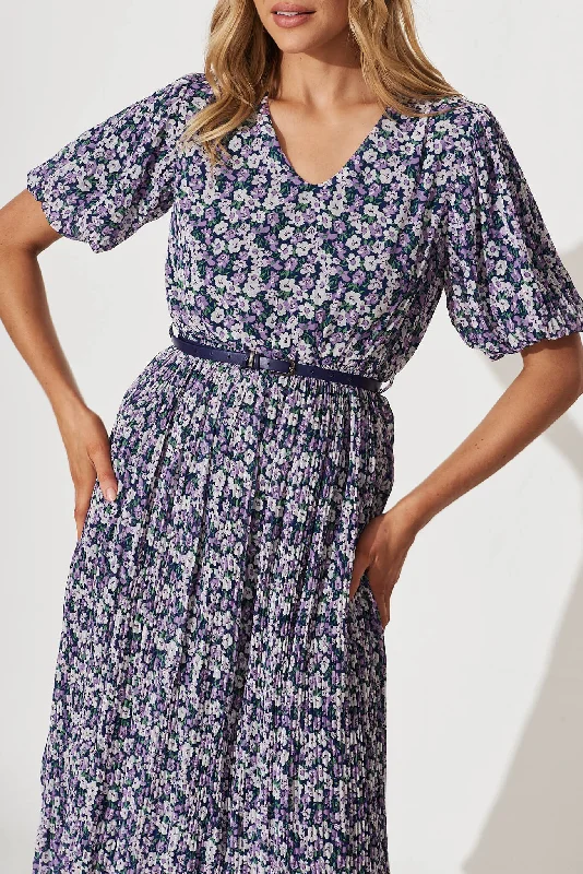 Rosalina Midi Dress With Belt In Multi Blue Floral