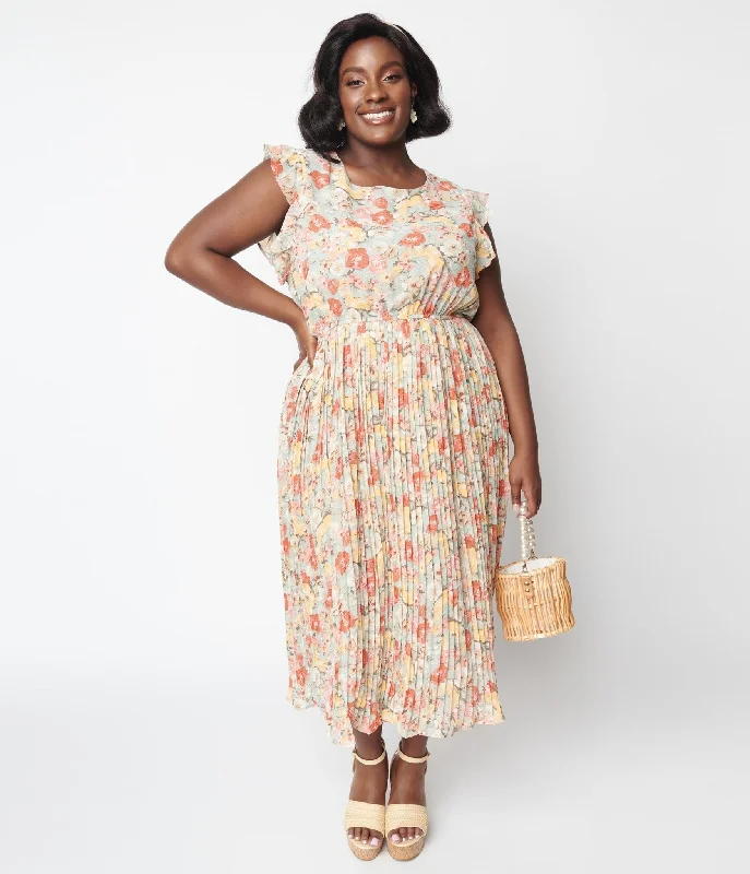 Sage Floral Pleated Midi Dress